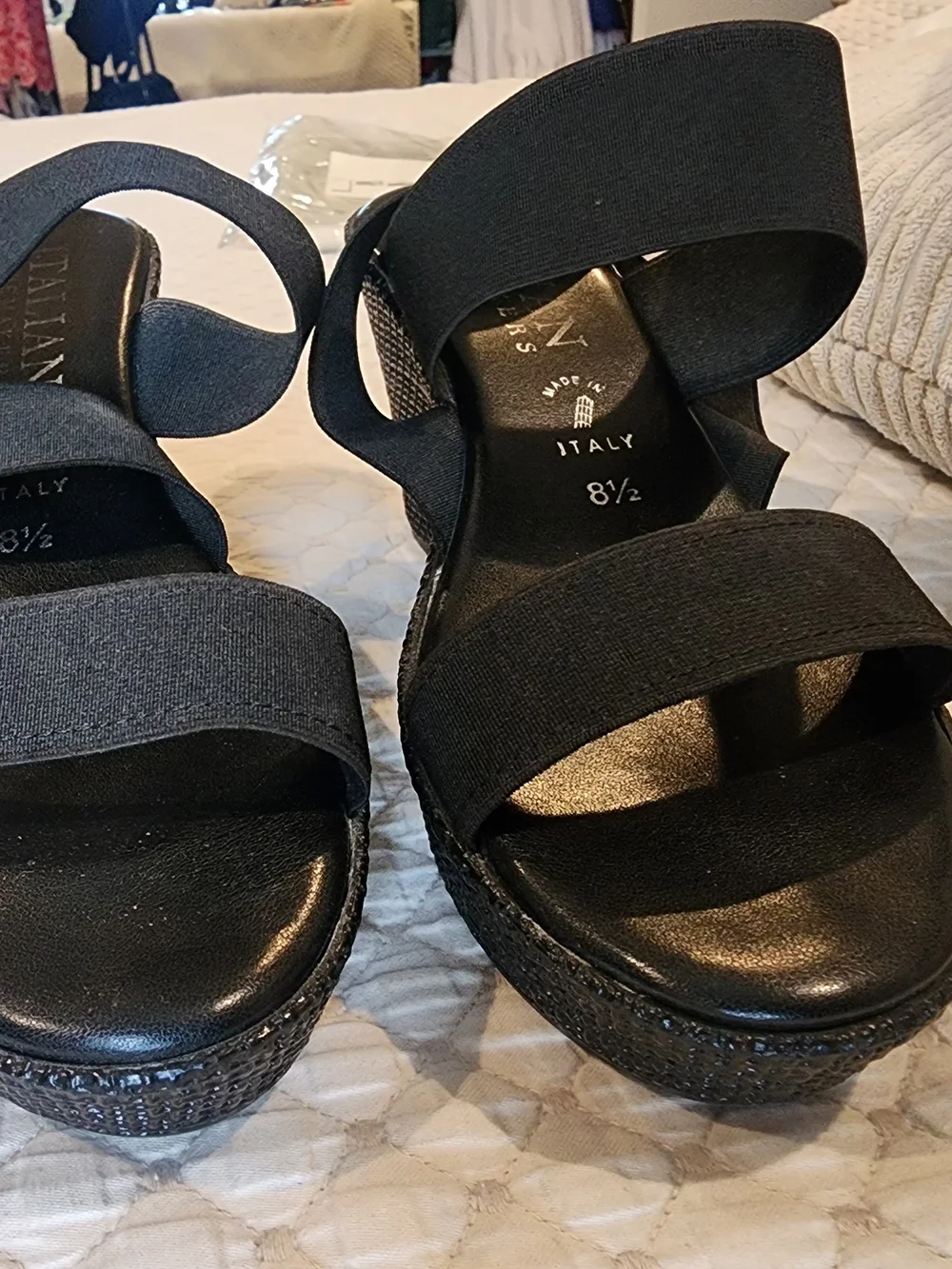 Italian Shoemakers Black Elastic Strap Wedge Sandals